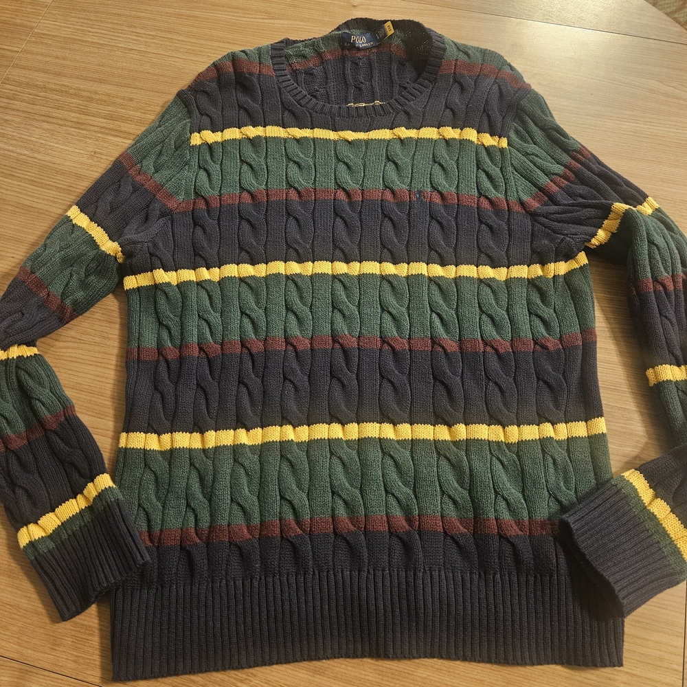 Striped Cable Knit Sweater - Green, Yellow, and Navy